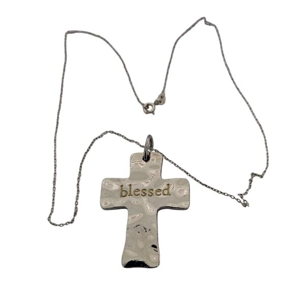 Silver "Blessed" Cross Pendant Necklace Heart Accent & 17" Chain - Picture 1 of 6